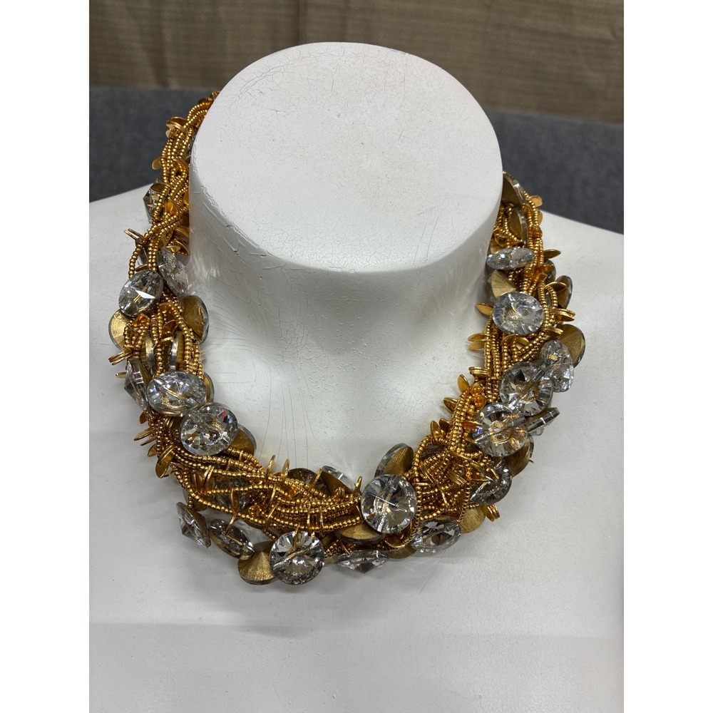Gold Tone Chunky Bib Statement Necklace Woven Wire Clear Crystal Multi Strand